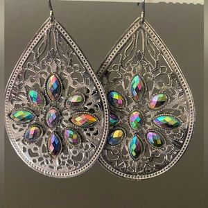 Large Dangle Embossed Teardrop Earrings Accented with Iridescent Rhinestones